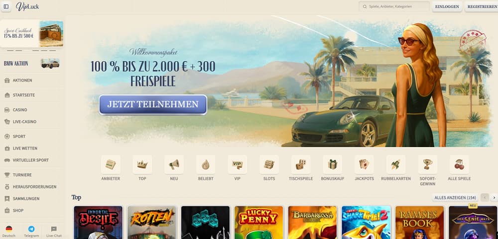 VipLuck Casino-Startseite mit Luxus-Banner, das eine Frau neben einem grünen Sportwagen zeigt, mit 100 % Willkommensbonus bis zu 2.000 € plus 300 Freispiele. Navigation umfasst Casino, Live-Casino, Sport, Turniere und Jackpots, mit Slots wie Immortal Desire und Ramses Book.